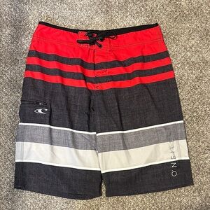 O'Neill Red and Gray Striped Board Shorts